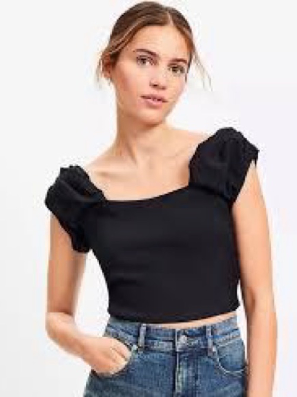LOFT Black Puff-Sleeve Square-Neck Crop Top